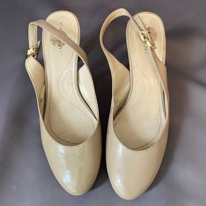 Tahari Nude Patent Leather Sling Back Pumps